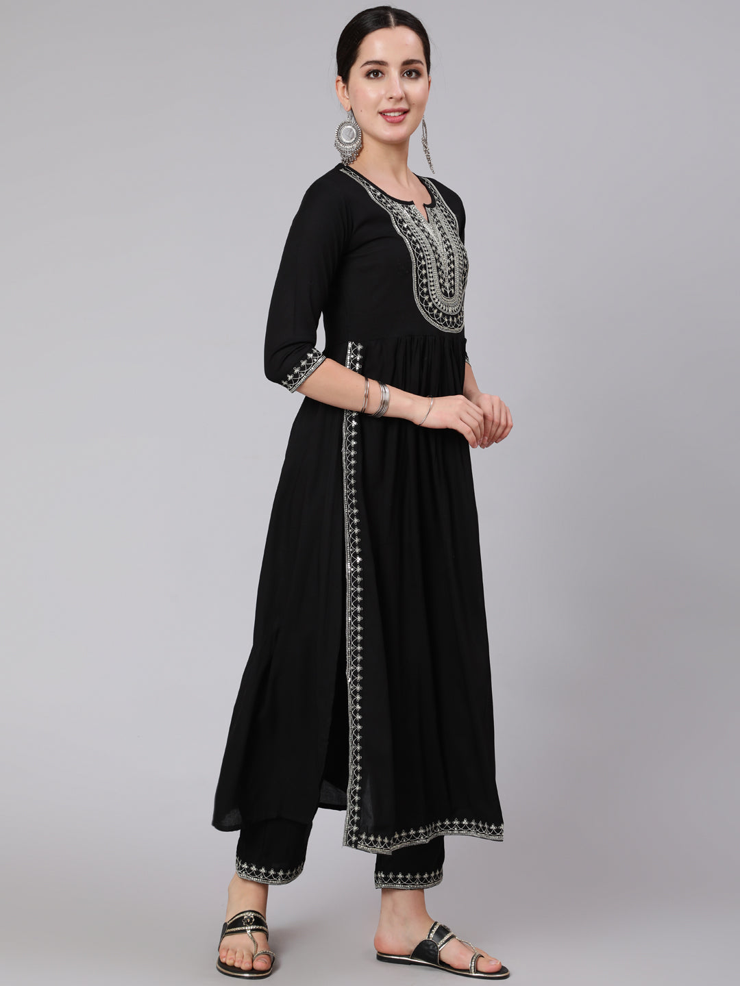 Rayon Calf Length Embroidered Flared 3/4 Sleeve Round Neck Kurta Set