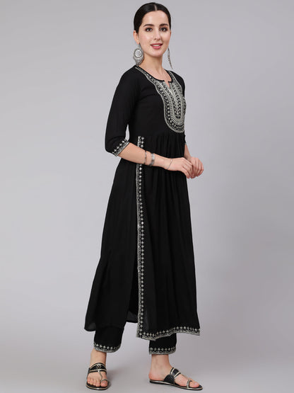 Rayon Calf Length Embroidered Flared 3/4 Sleeve Round Neck Kurta Set