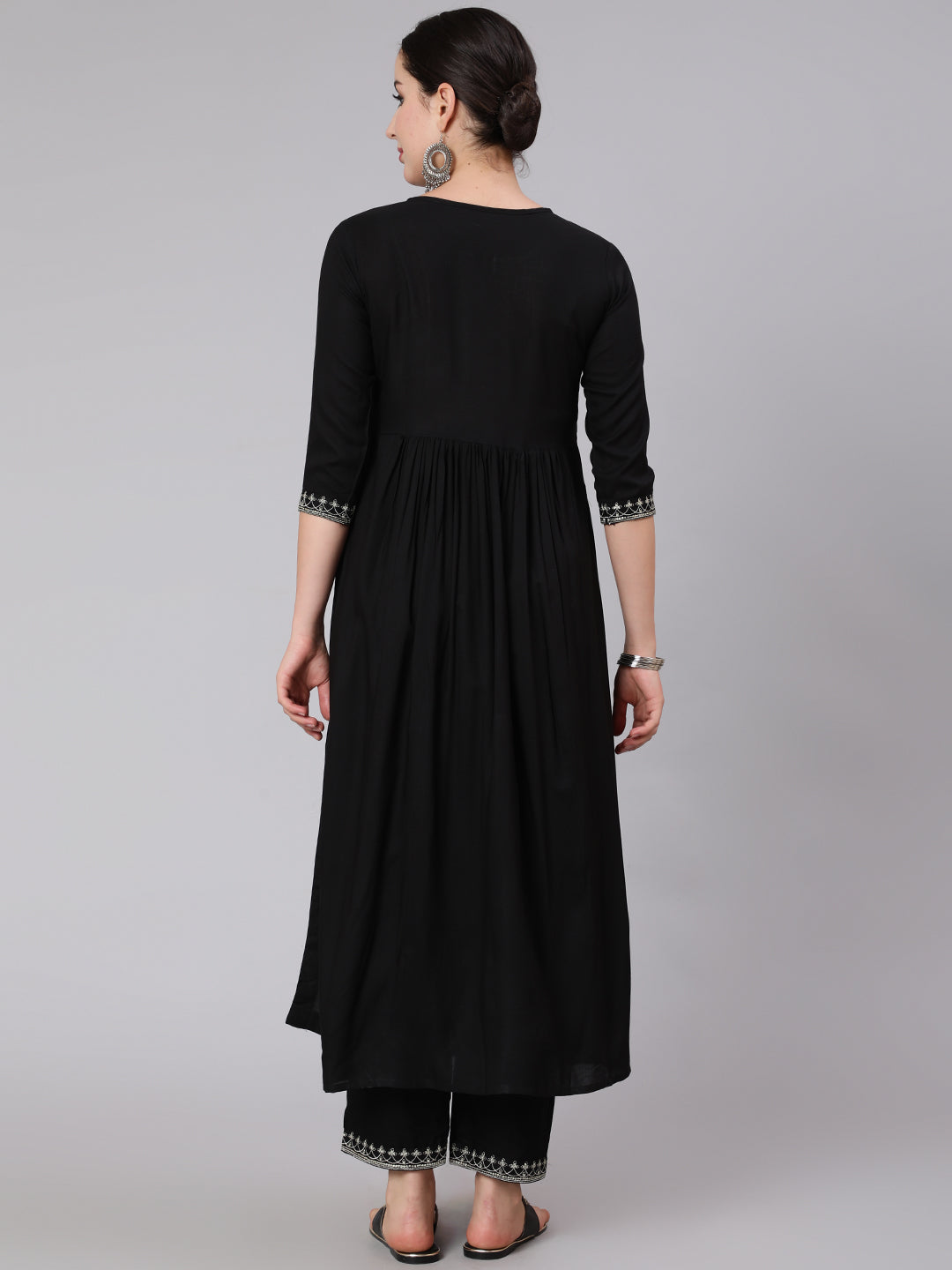 Rayon Calf Length Embroidered Flared 3/4 Sleeve Round Neck Kurta Set