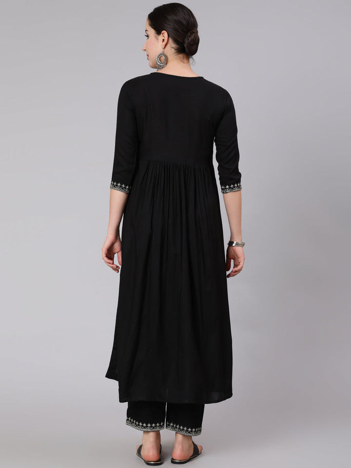 Rayon Calf Length Embroidered Flared 3/4 Sleeve Round Neck Kurta Set