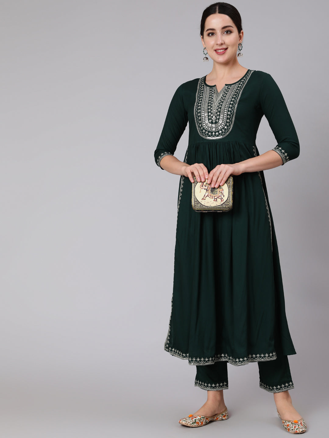 Rayon Calf Length Embroidered Flared 3/4 Sleeve Round Neck Kurta Set