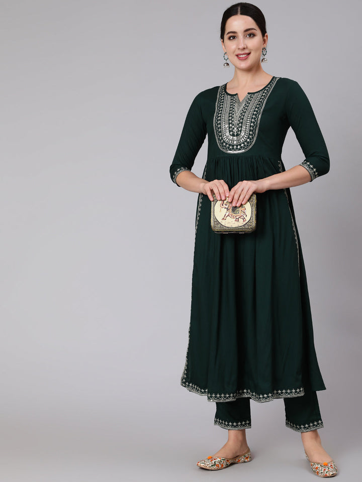 Rayon Calf Length Embroidered Flared 3/4 Sleeve Round Neck Kurta Set