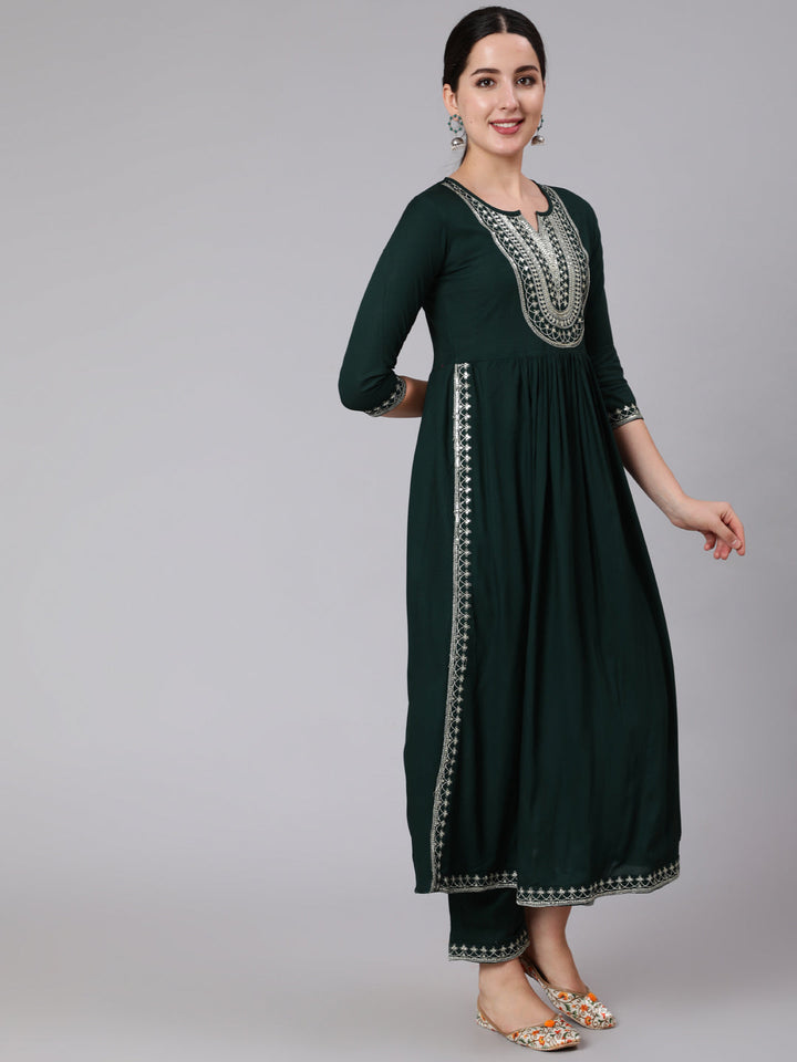 Rayon Calf Length Embroidered Flared 3/4 Sleeve Round Neck Kurta Set
