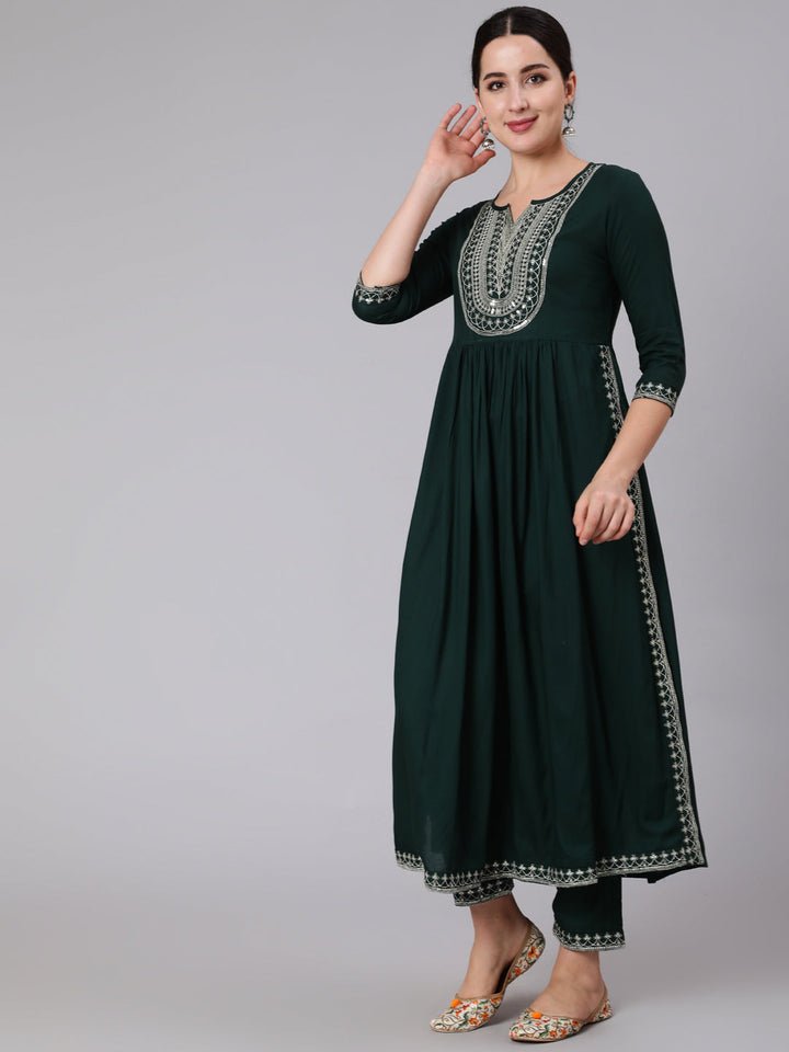 Rayon Calf Length Embroidered Flared 3/4 Sleeve Round Neck Kurta Set