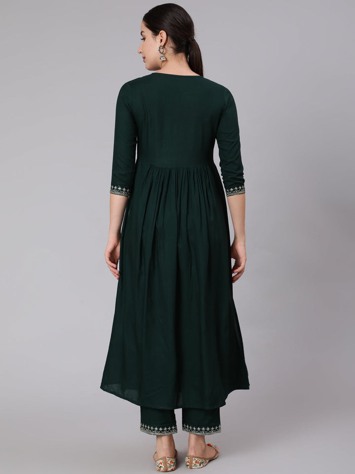 Rayon Calf Length Embroidered Flared 3/4 Sleeve Round Neck Kurta Set