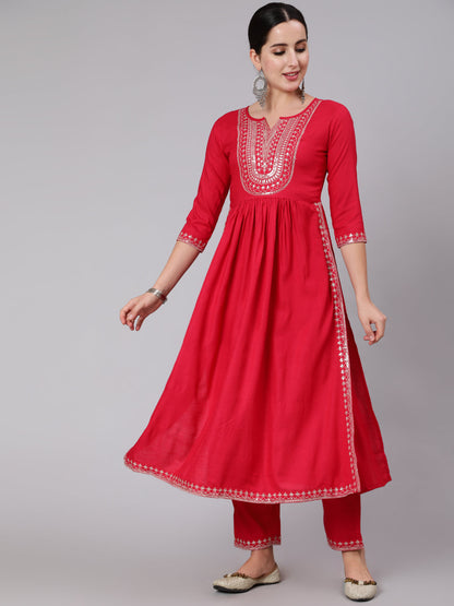 Rayon Calf Length Embroidered Flared 3/4 Sleeve Round Neck Set Kurta Set
