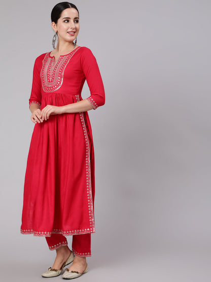 Rayon Calf Length Embroidered Flared 3/4 Sleeve Round Neck Set Kurta Set