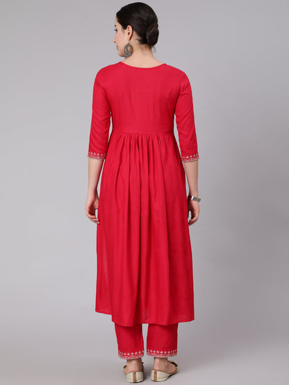 Rayon Calf Length Embroidered Flared 3/4 Sleeve Round Neck Set Kurta Set