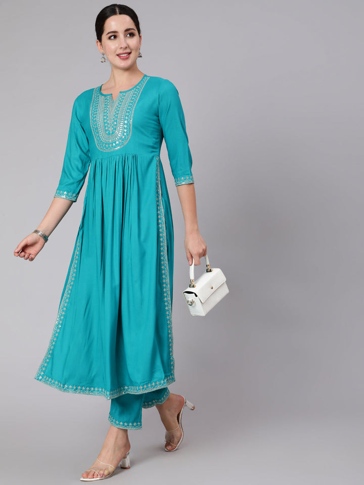 Rayon Calf Length Embroidered Flared 3/4 Sleeve Round Neck Set kurta Set