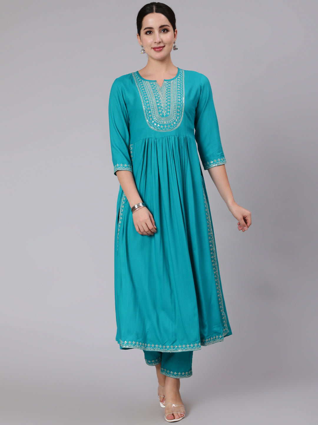 Rayon Calf Length Embroidered Flared 3/4 Sleeve Round Neck Set kurta Set