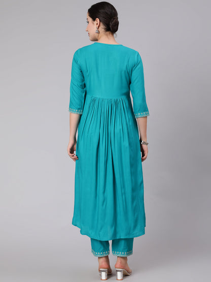 Rayon Calf Length Embroidered Flared 3/4 Sleeve Round Neck Set kurta Set