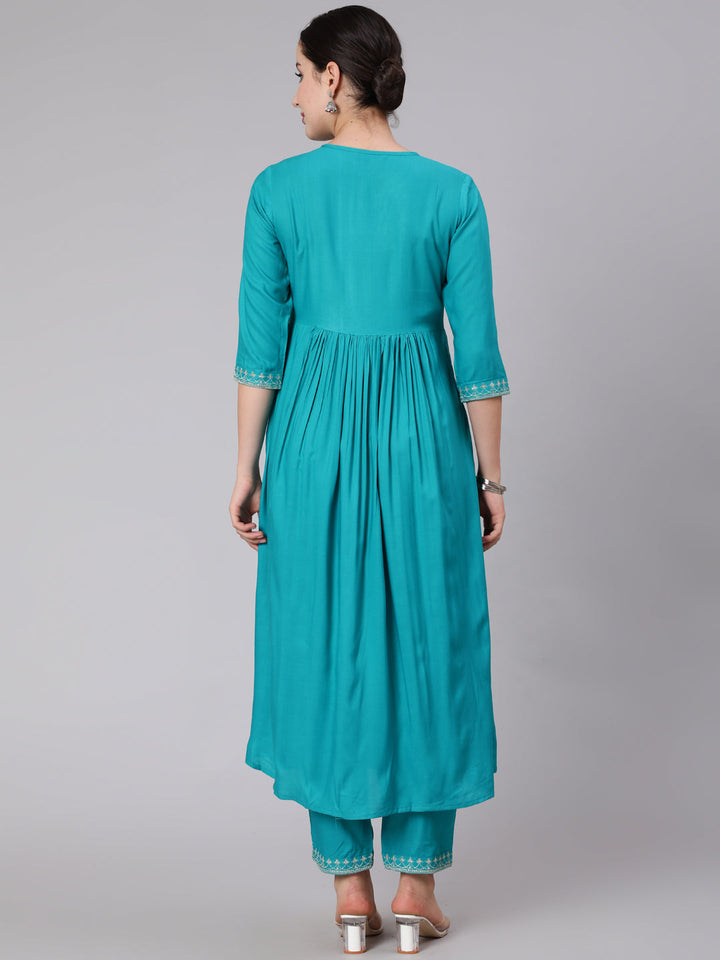 Rayon Calf Length Embroidered Flared 3/4 Sleeve Round Neck Set kurta Set