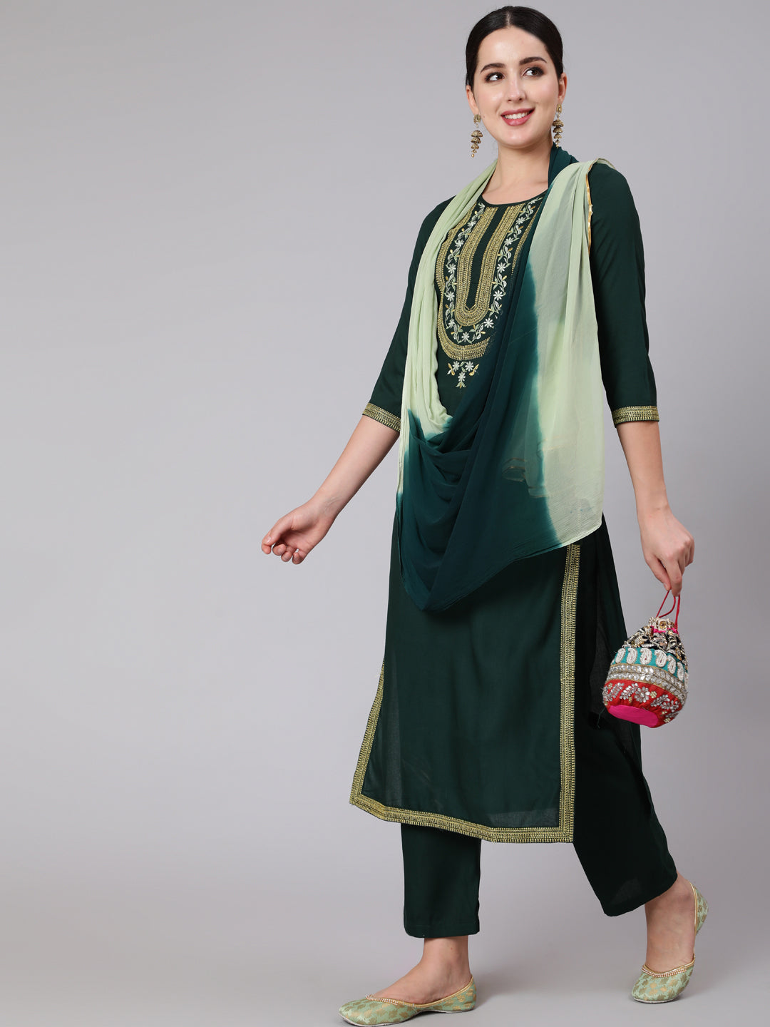 Rayon Calf Length Embroidered Straight 3/4 Sleeve Round Neck Kurta Set