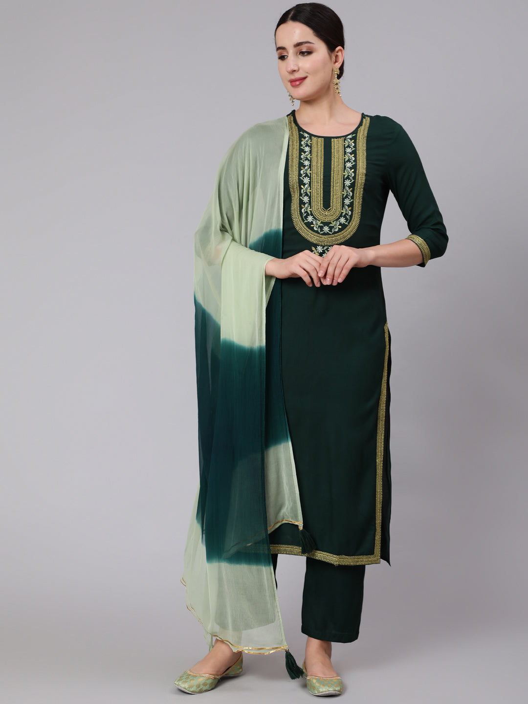 Rayon Calf Length Embroidered Straight 3/4 Sleeve Round Neck Kurta Set