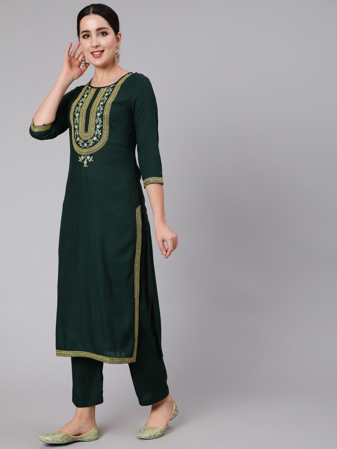 Rayon Calf Length Embroidered Straight 3/4 Sleeve Round Neck Kurta Set