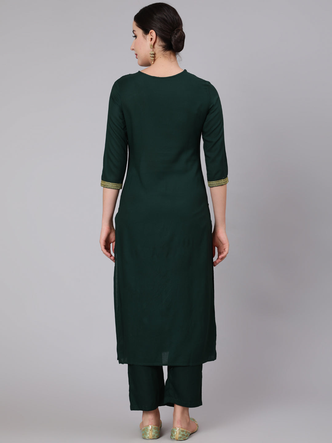 Rayon Calf Length Embroidered Straight 3/4 Sleeve Round Neck Kurta Set