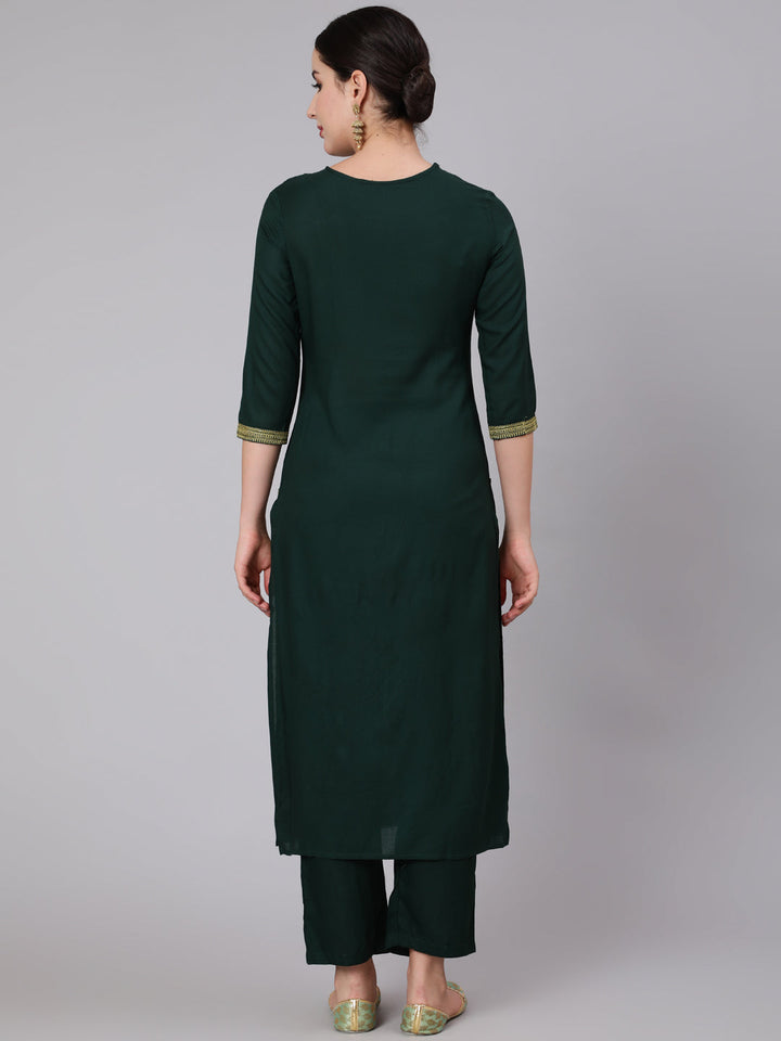 Rayon Calf Length Embroidered Straight 3/4 Sleeve Round Neck Kurta Set