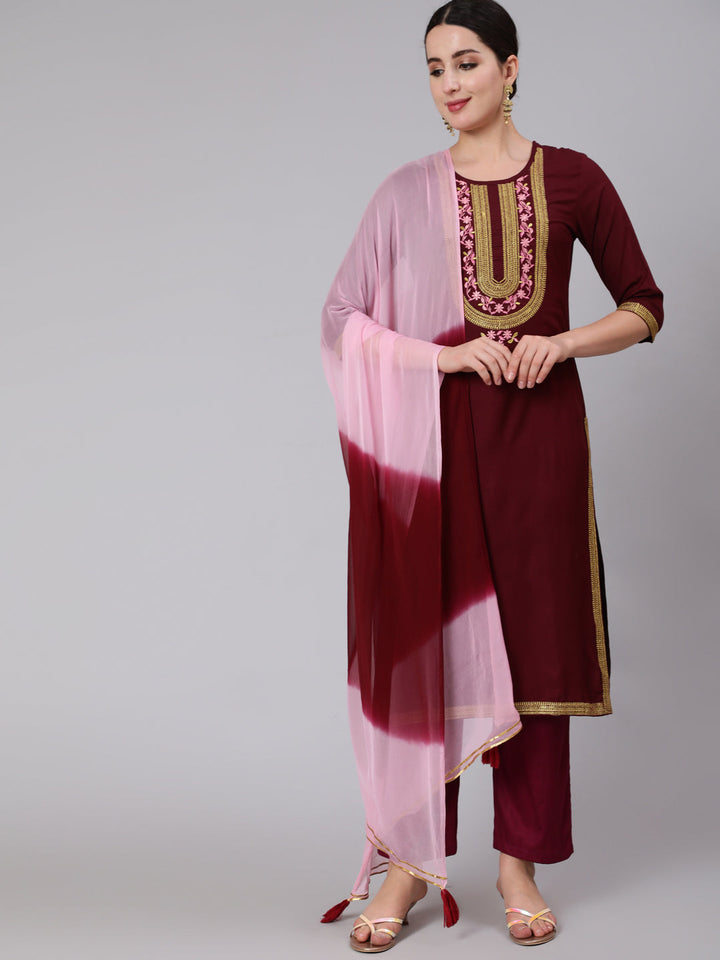 Rayon Calf Length Embroidered Straight 3/4 Sleeve Round Neck Kurta Set