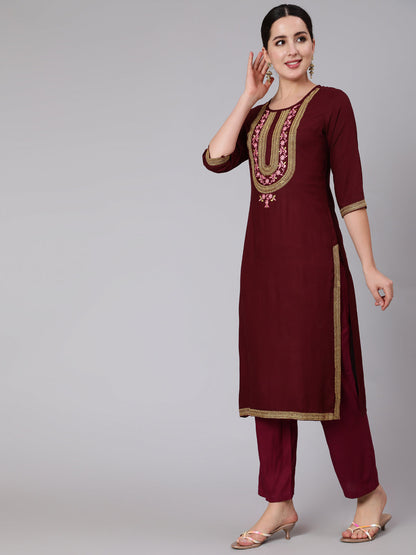 Rayon Calf Length Embroidered Straight 3/4 Sleeve Round Neck Kurta Set
