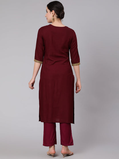 Rayon Calf Length Embroidered Straight 3/4 Sleeve Round Neck Kurta Set