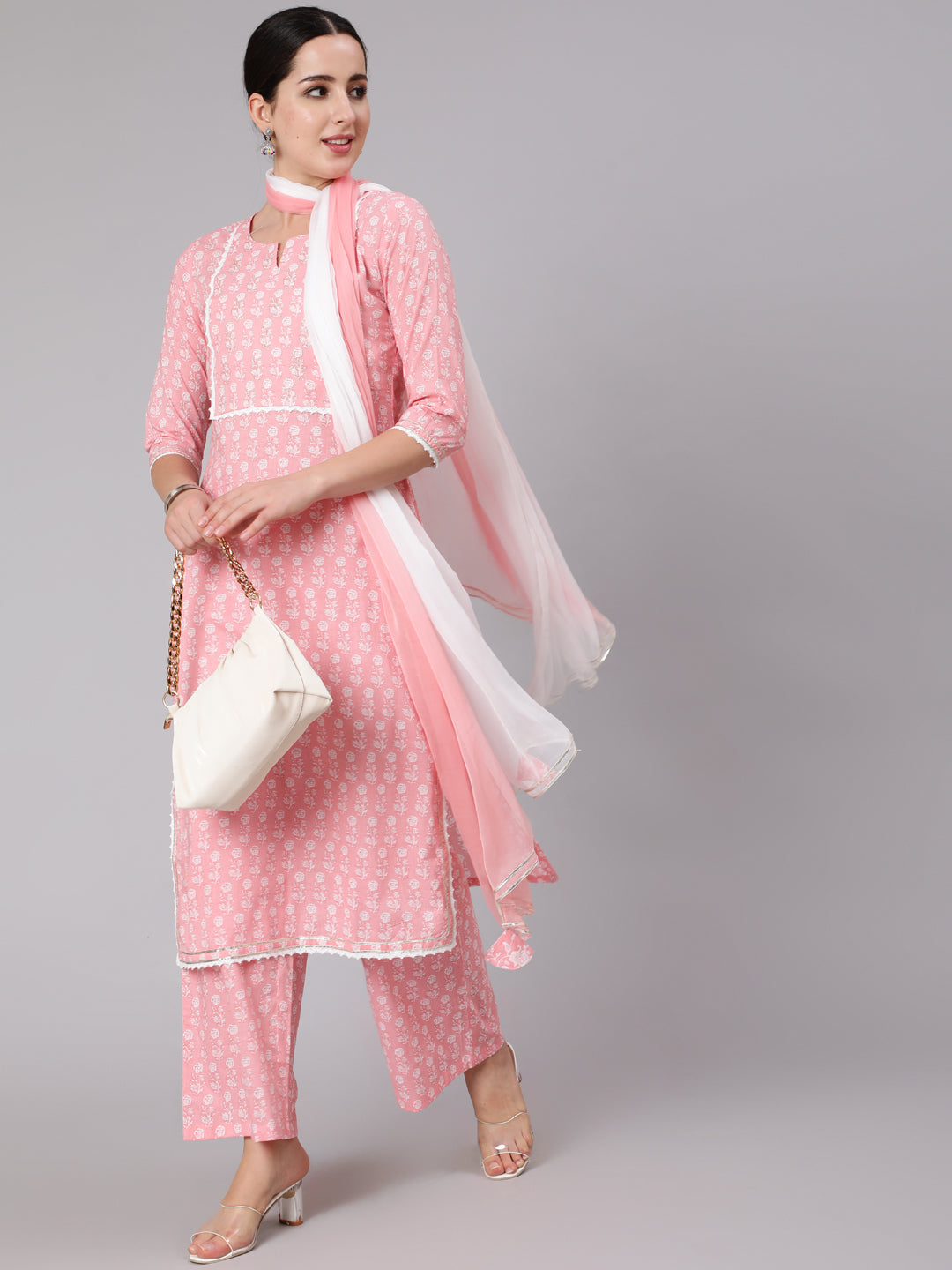 Cotton Calf Length Printed Straight 3/4 Sleeve Round Neck Kurta Set