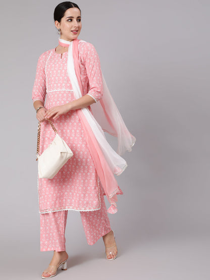 Cotton Calf Length Printed Straight 3/4 Sleeve Round Neck Kurta Set