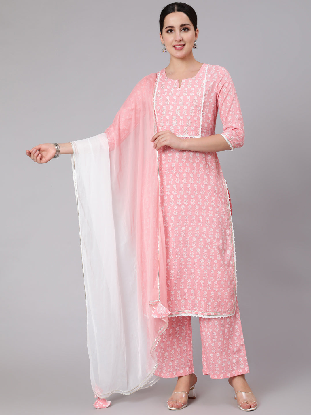 Cotton Calf Length Printed Straight 3/4 Sleeve Round Neck Kurta Set
