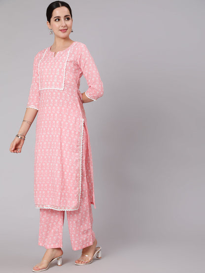 Cotton Calf Length Printed Straight 3/4 Sleeve Round Neck Kurta Set