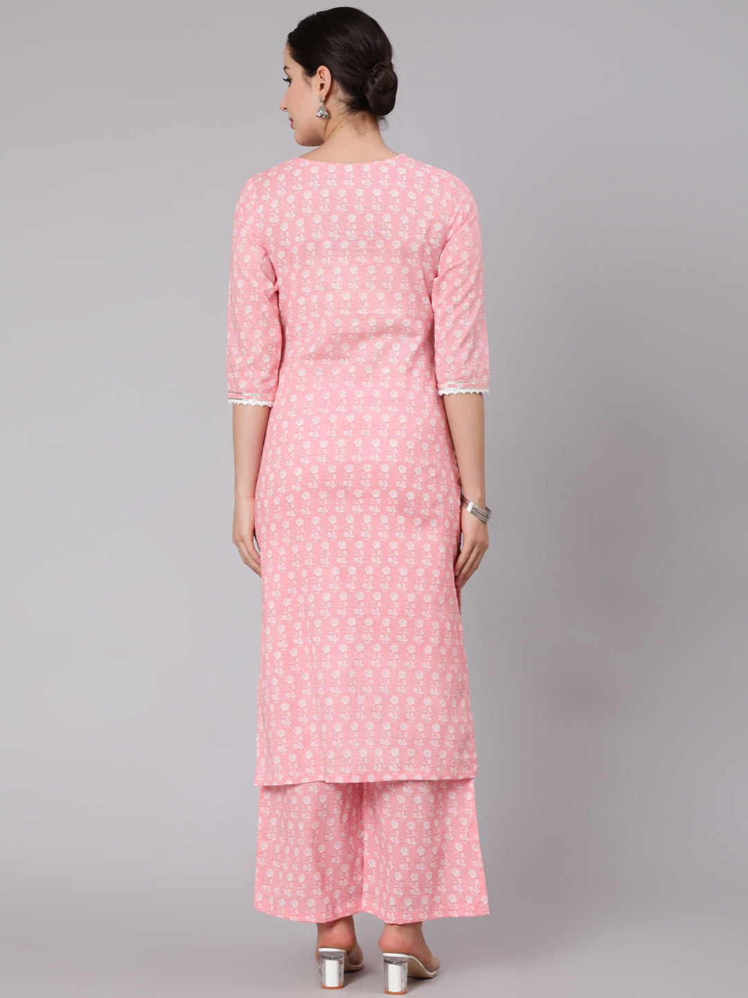 Cotton Calf Length Printed Straight 3/4 Sleeve Round Neck Kurta Set