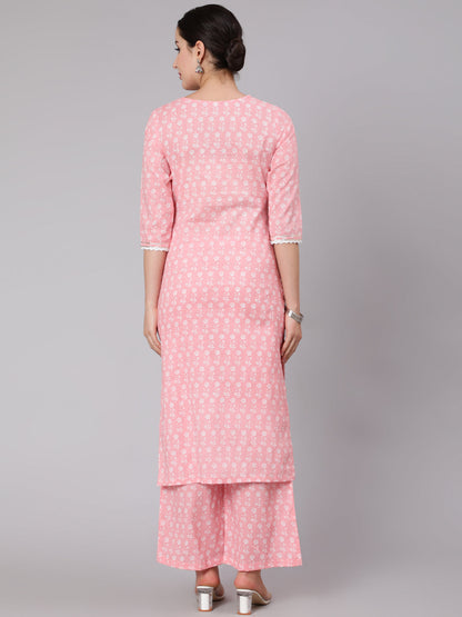 Cotton Calf Length Printed Straight 3/4 Sleeve Round Neck Kurta Set