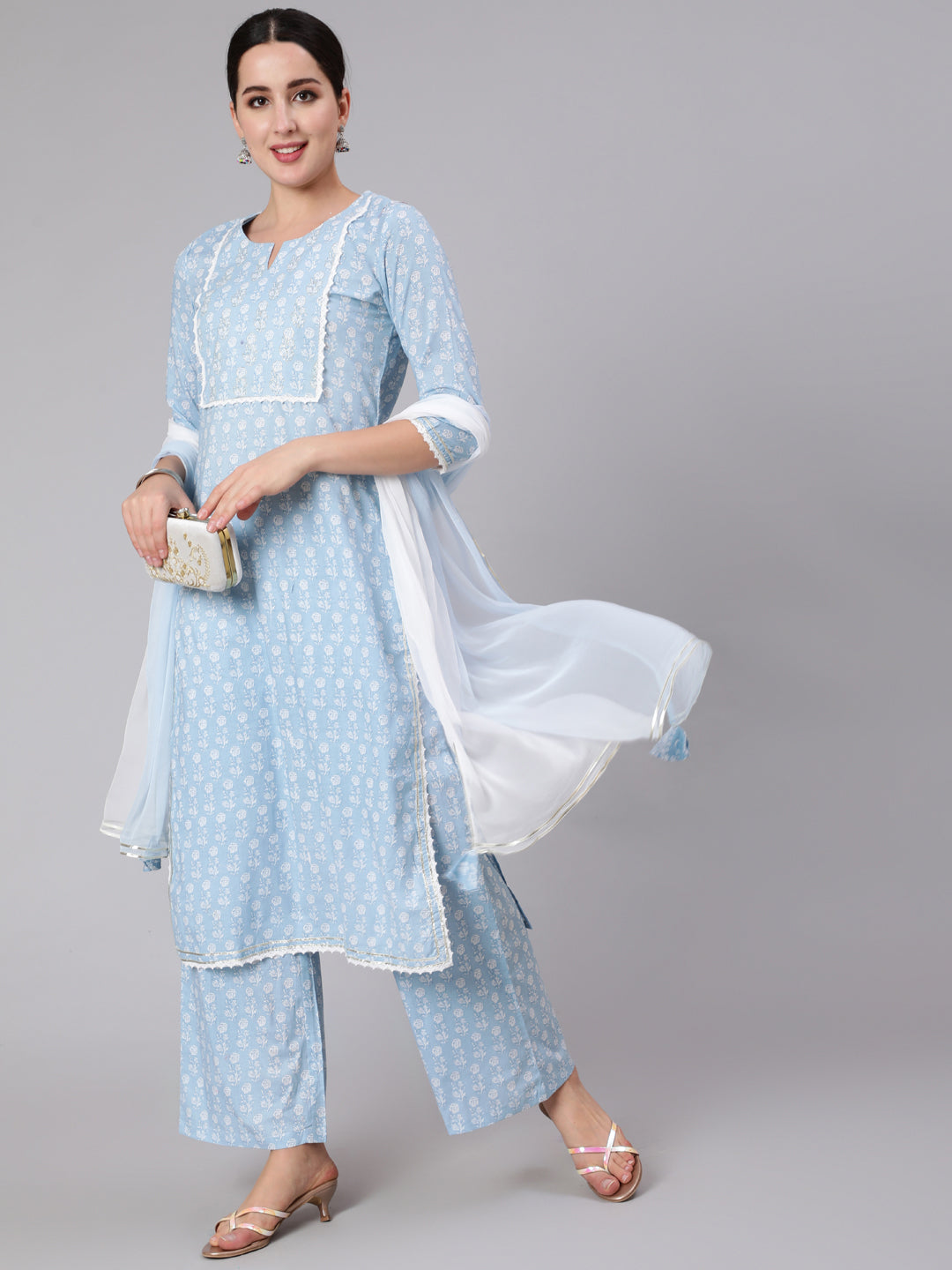Cotton Calf Length Printed Straight 3/4 Sleeve Round Neck Kurta Set