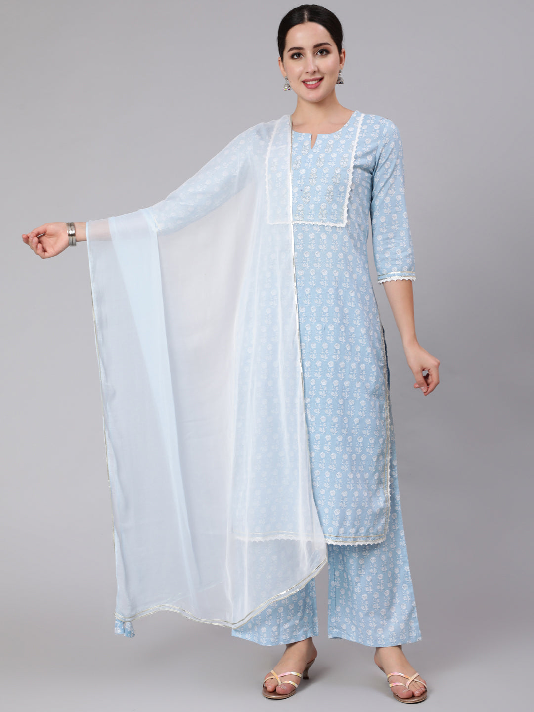 Cotton Calf Length Printed Straight 3/4 Sleeve Round Neck Kurta Set