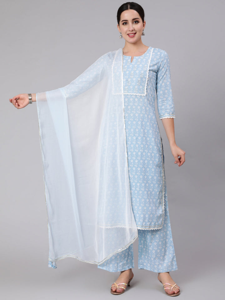 Cotton Calf Length Printed Straight 3/4 Sleeve Round Neck Kurta Set