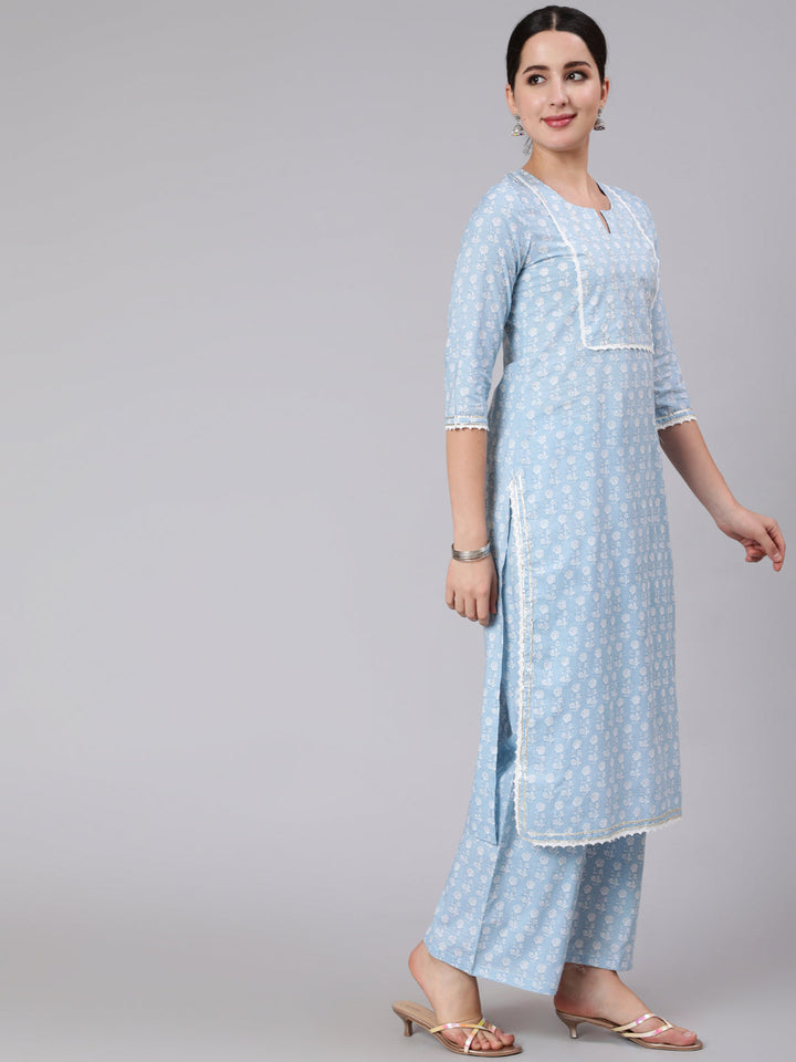 Cotton Calf Length Printed Straight 3/4 Sleeve Round Neck Kurta Set