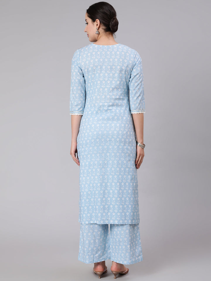 Cotton Calf Length Printed Straight 3/4 Sleeve Round Neck Kurta Set