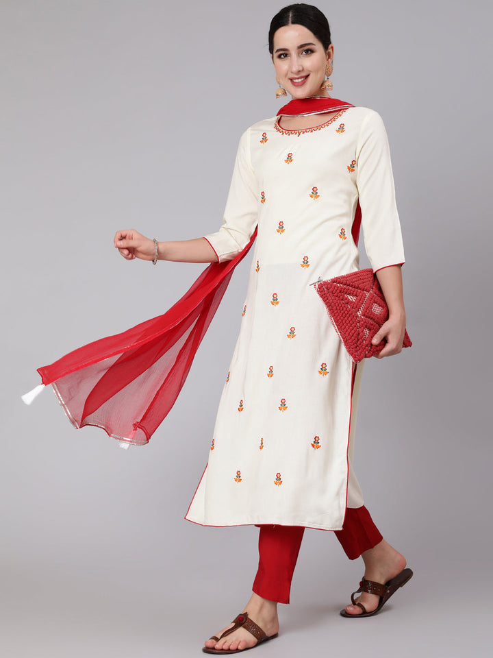 Rayon Calf Length Embroidered Straight 3/4 Sleeve Round Neck Kurta Set