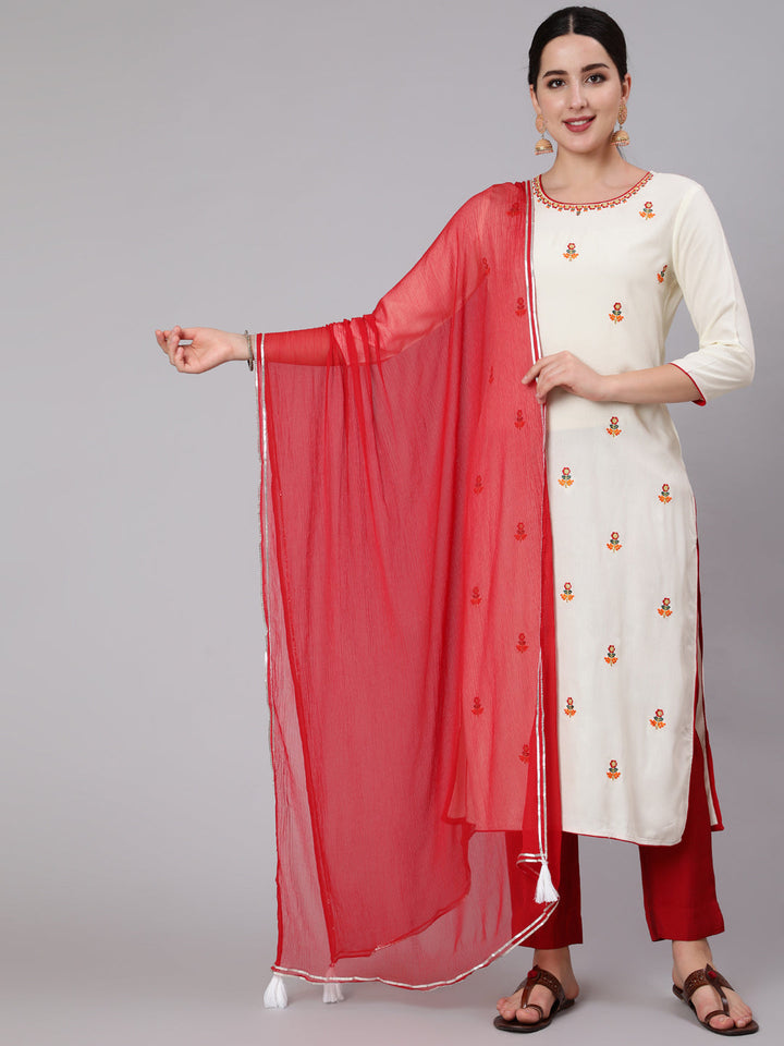 Rayon Calf Length Embroidered Straight 3/4 Sleeve Round Neck Kurta Set