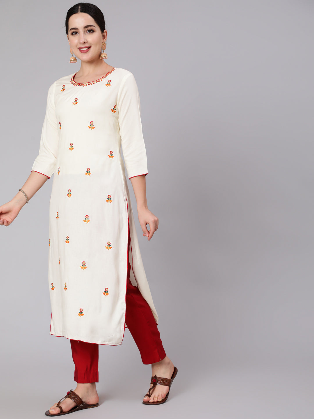 Rayon Calf Length Embroidered Straight 3/4 Sleeve Round Neck Kurta Set