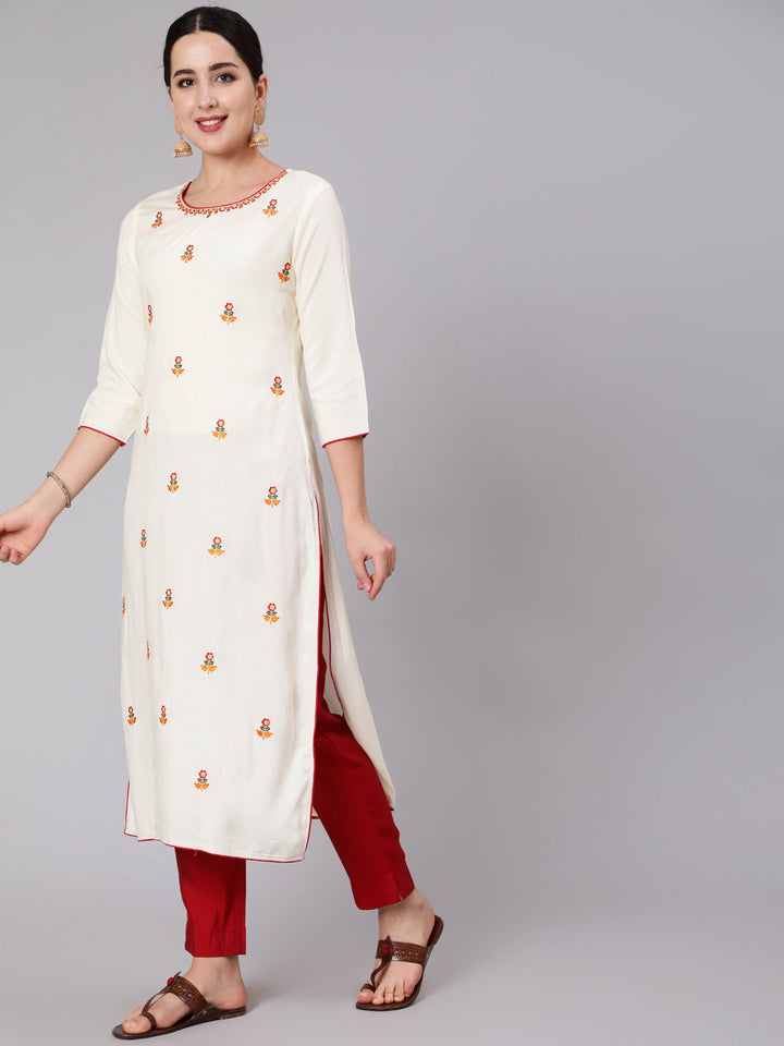 Rayon Calf Length Embroidered Straight 3/4 Sleeve Round Neck Kurta Set