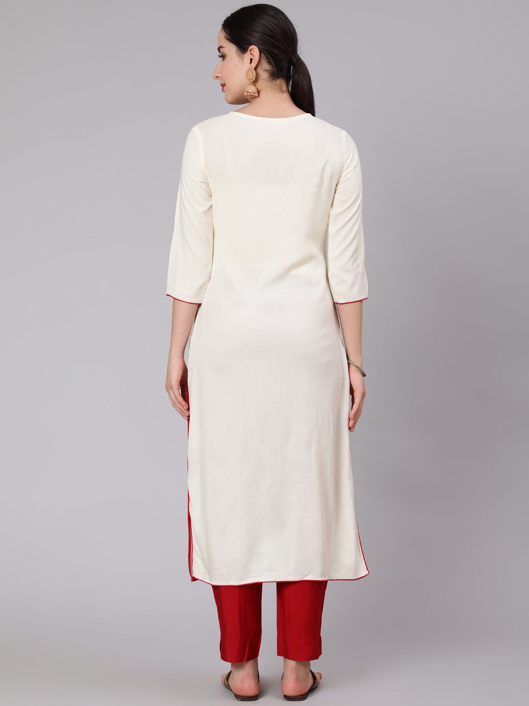 Rayon Calf Length Embroidered Straight 3/4 Sleeve Round Neck Kurta Set