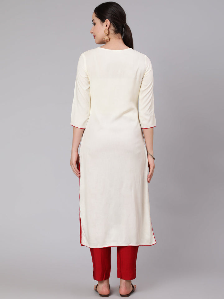 Rayon Calf Length Embroidered Straight 3/4 Sleeve Round Neck Kurta Set