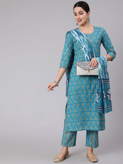 Cotton Calf Length Printed Straight 3/4 Sleeve Round Neck Kurta Set