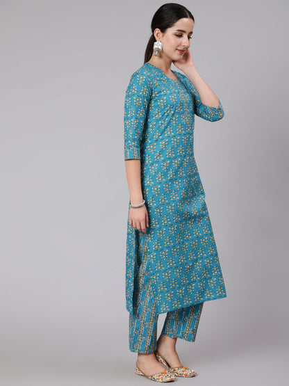 Cotton Calf Length Printed Straight 3/4 Sleeve Round Neck Kurta Set