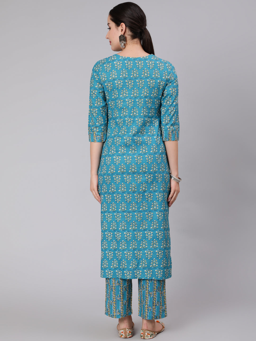 Cotton Calf Length Printed Straight 3/4 Sleeve Round Neck Kurta Set