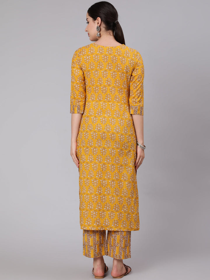 Cotton Calf Length Printed Straight 3/4 Sleeve Round Neck Kurta Set