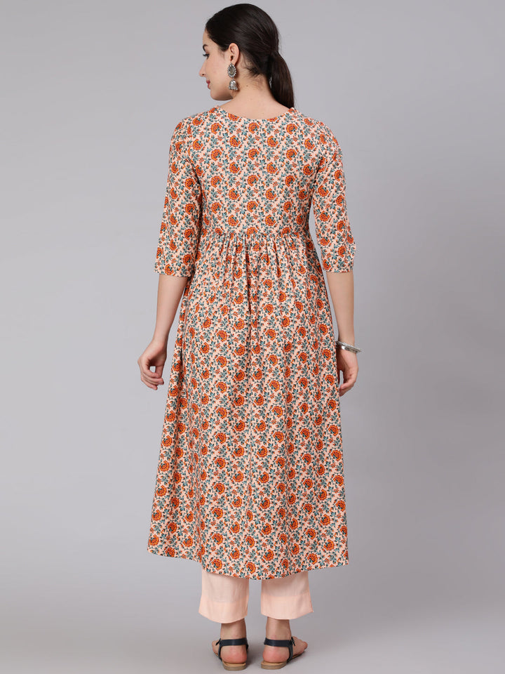Rayon Calf Length Printed Flared 3/4 Sleeve Round Neck Kurta Set