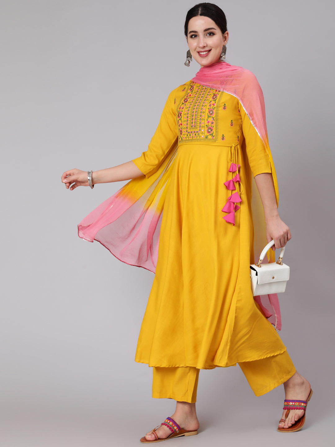 Rayon Calf Length Embroidered Flared 3/4 Sleeve Round Neck Kurta Set