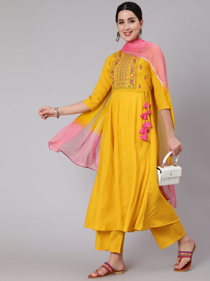 Rayon Calf Length Embroidered Flared 3/4 Sleeve Round Neck Kurta Set