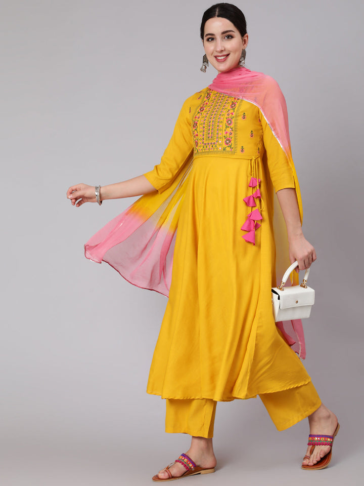 Rayon Calf Length Embroidered Flared 3/4 Sleeve Round Neck Kurta Set