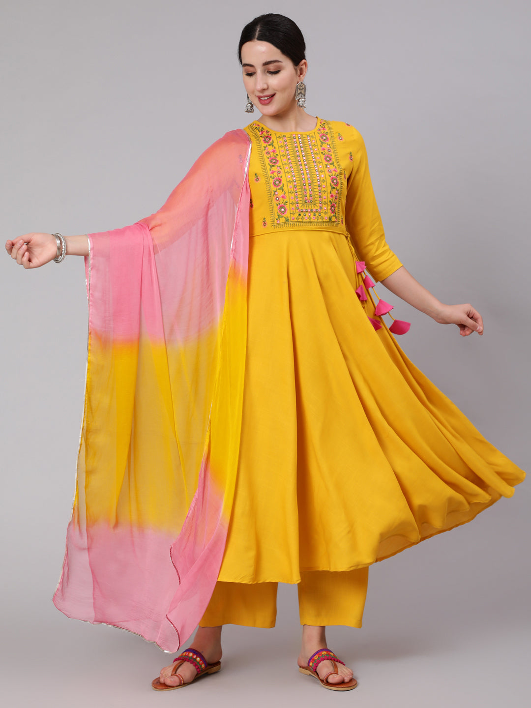 Rayon Calf Length Embroidered Flared 3/4 Sleeve Round Neck Kurta Set
